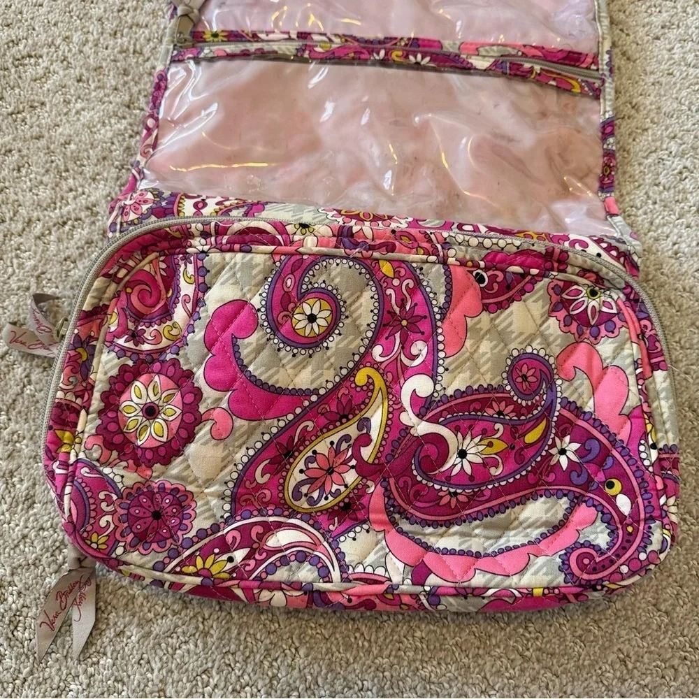 Vera Bradley Pink Paisley Meets Plaid Makeup Bag Hanging Travel Handle Quilted